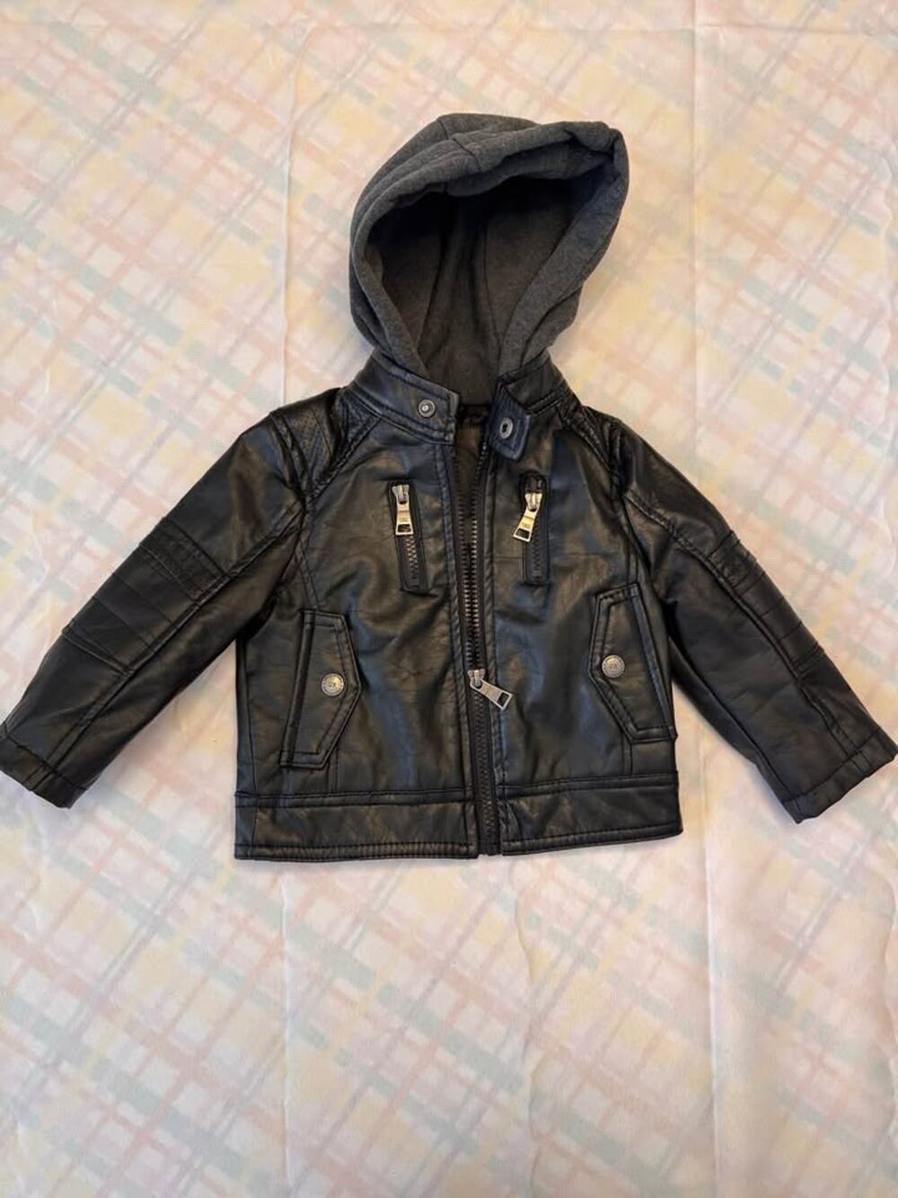Urban Republic Black Hooded Faux Leather Jacket 12M #107